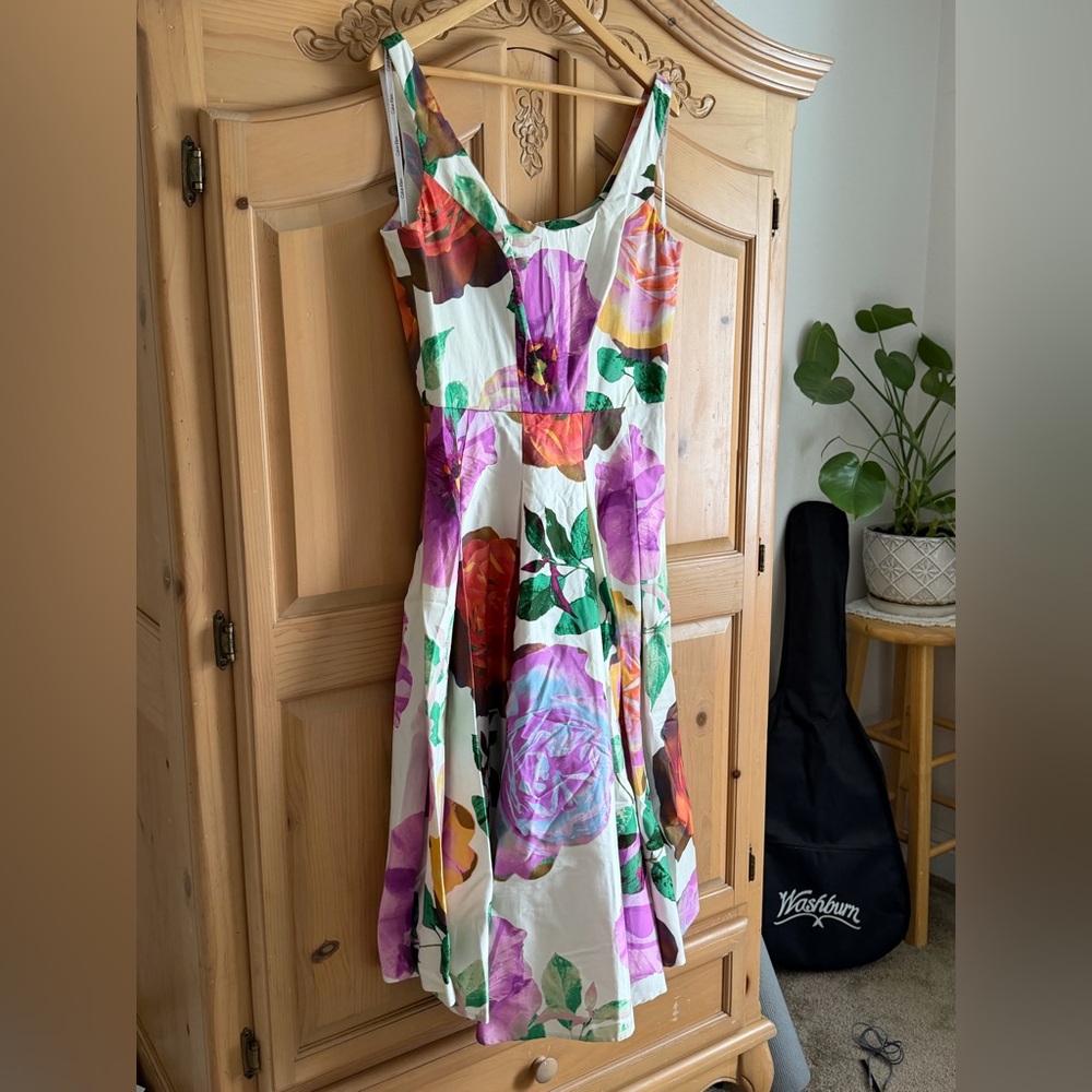 Calvin Klein White Midi Dress with Pink, Purple & Green Floral Print